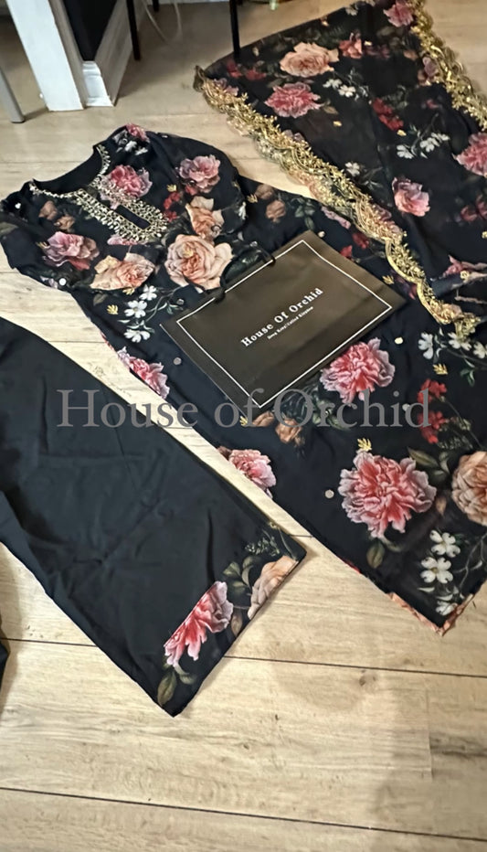 Black floral suit